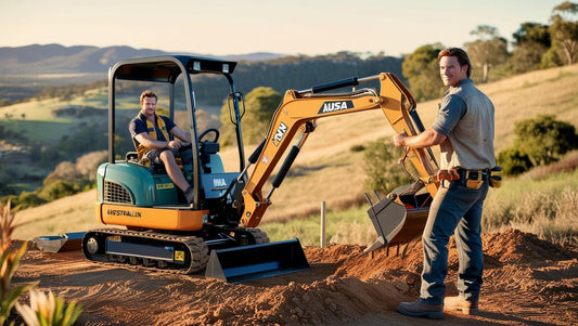 Excavator being operated in a scenic landscape while a worker prepares the ground