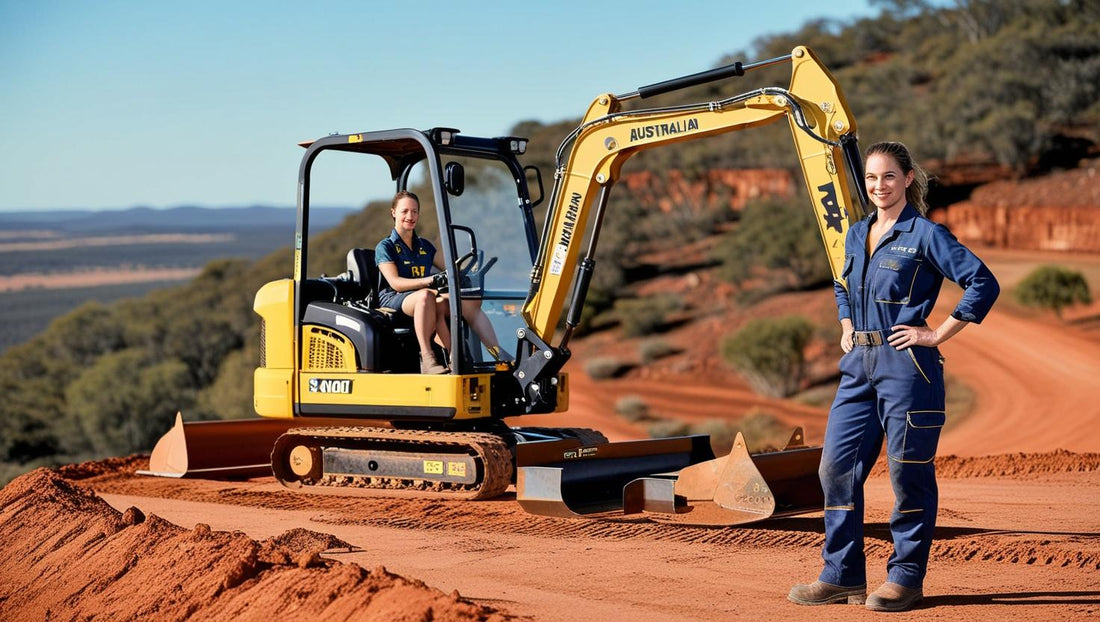 Excavator Attachment on a construction site with a female operator and mountains in the background