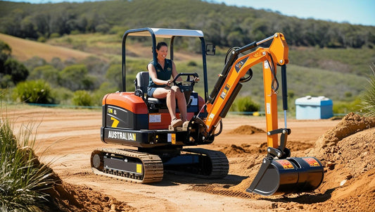 Compact excavator in action on a construction site with operator driving on uneven terrain