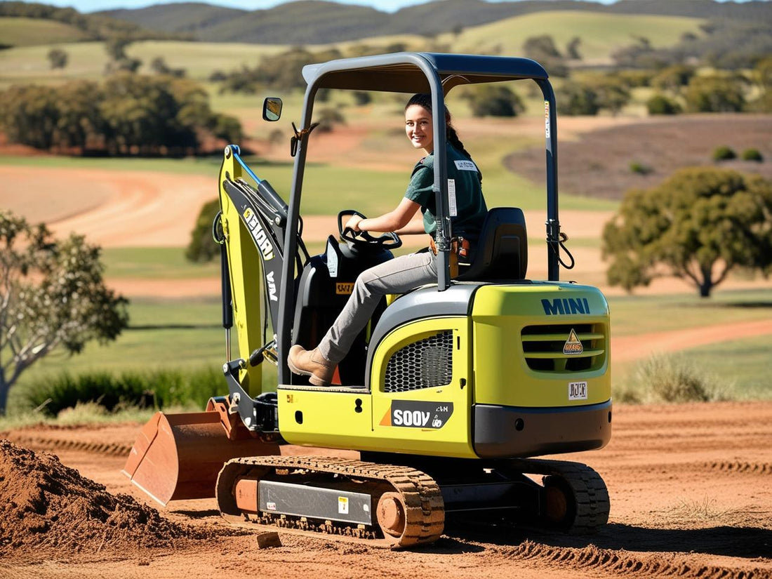 A worker operating a mini excavator with an excavator bucket on a construction site
