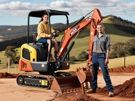 Operators using a compact excavator for modern excavation on a construction site