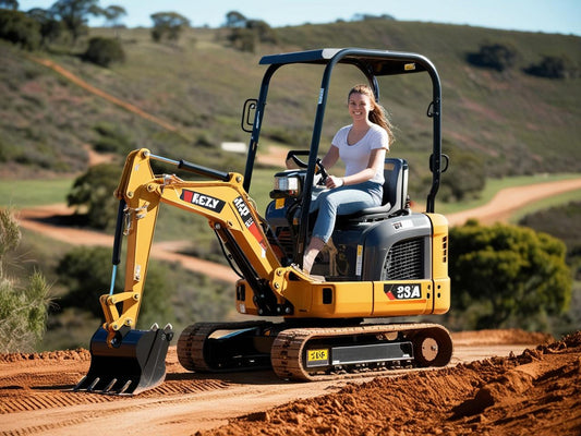 Woman operating a compact excavator equipped with excavator rippers on a dirt pathway