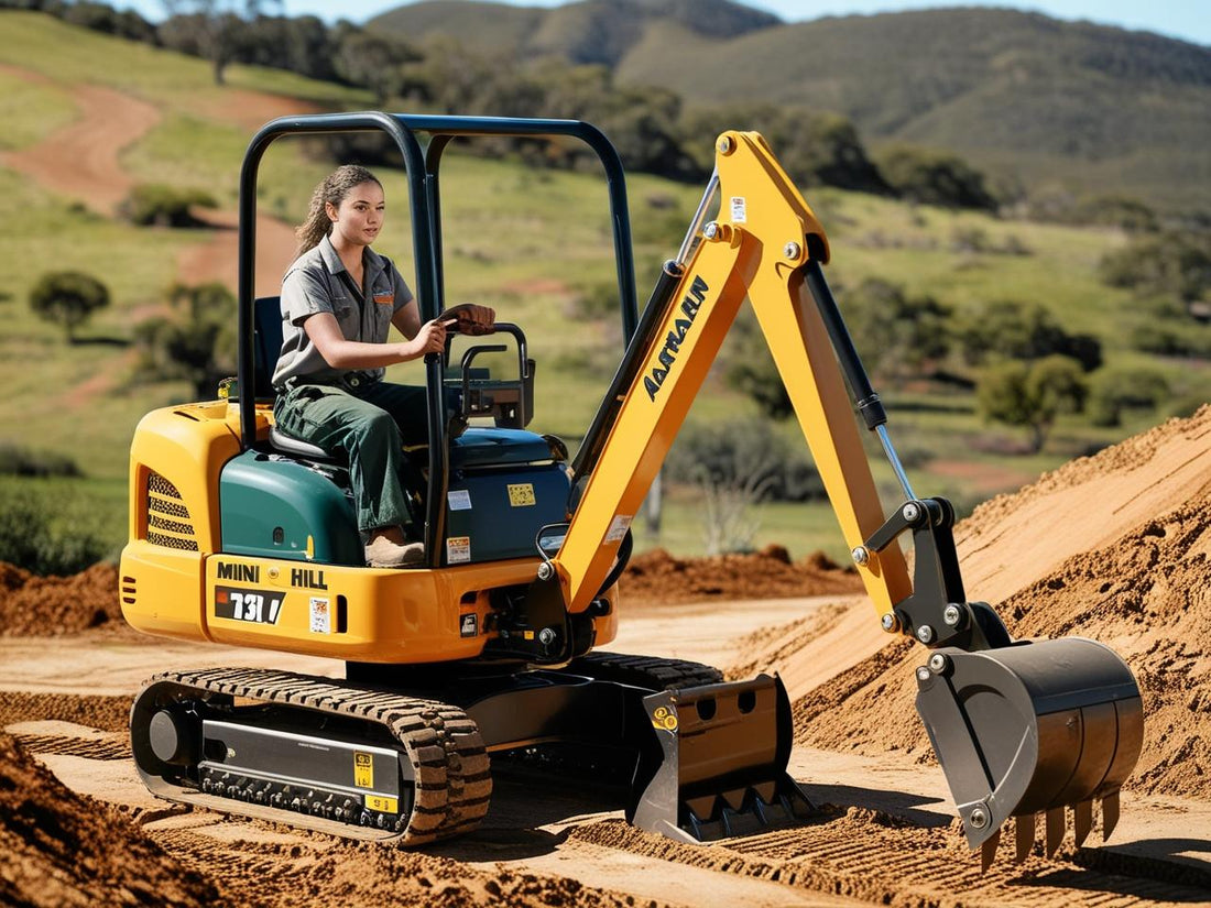 Mini excavator working on a construction site, ideal for projects using hydraulic compactors