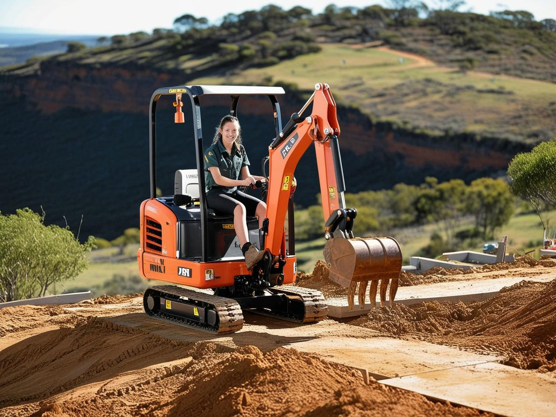 Compact excavator with operator using excavator buckets for landscaping on a sunny day