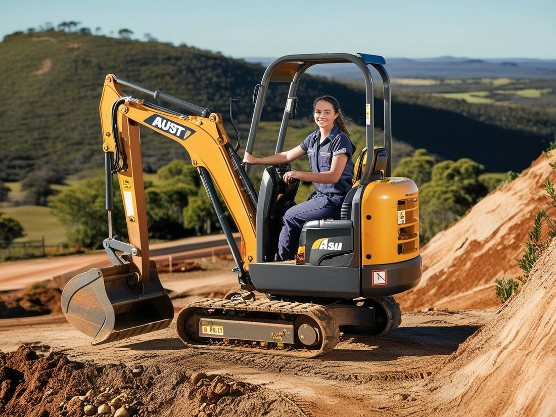 An operator skillfully using a compact excavator on a construction site near hilly terrain