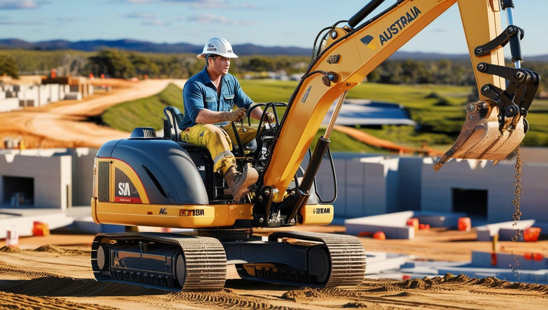 Excavators in Modern Construction operating on a building site with a worker in safety gear