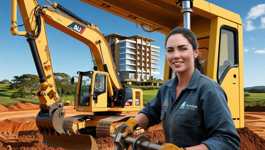 Excavator operated by a woman in work attire with a construction site background