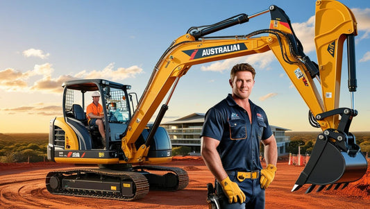 A modern excavator operating on a construction site with a worker in the foreground, showcasing modern excavators in action.