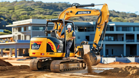 Excavators in Action on a Construction Site with Operator Digging Soil and Building Foundations