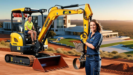 Female operator with modern excavator attachments at a construction site showcasing advanced equipment