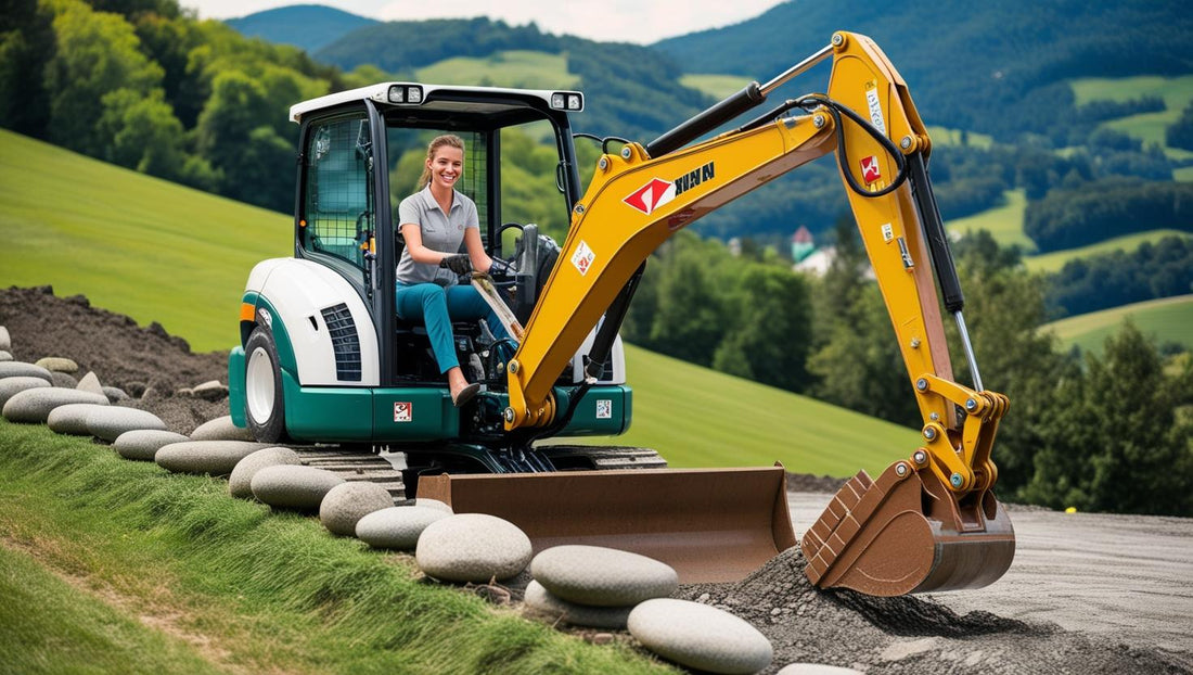 Operator using a Mini Excavator for landscaping on a hilly terrain with large stones