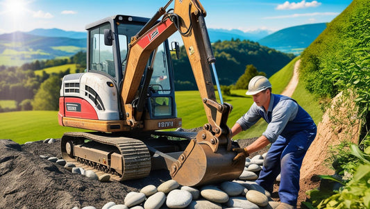 Operator using an excavator with hammers to install stones for landscaping in a scenic environment