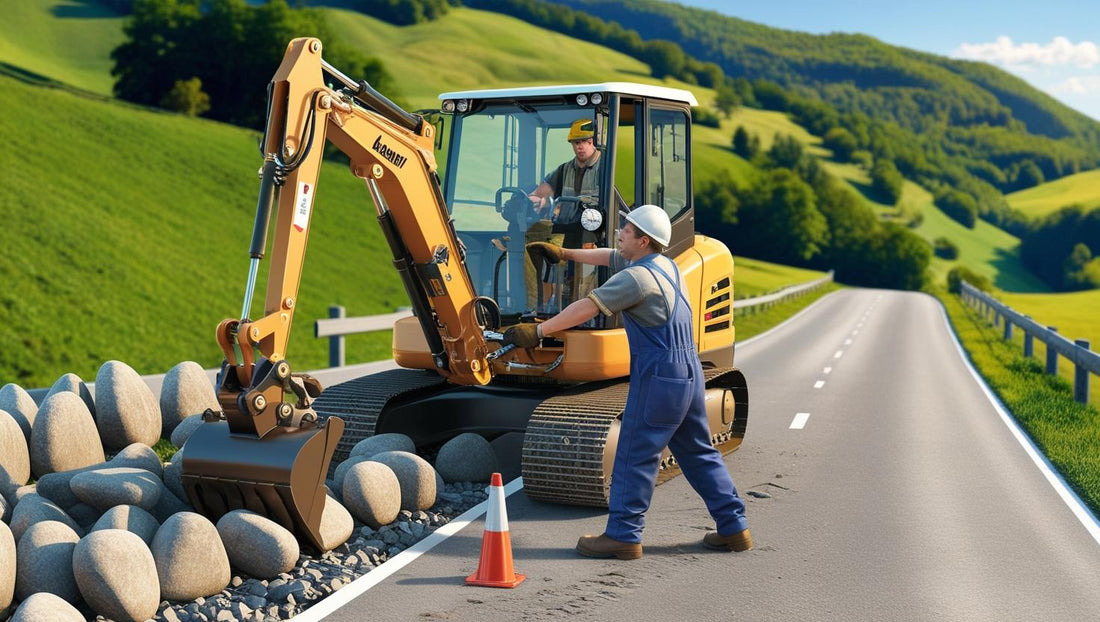 Worker Operating Excavator Equipment on a Scenic Roadside Construction Project