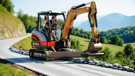 A modern excavator working on a road construction project, surrounded by green hills