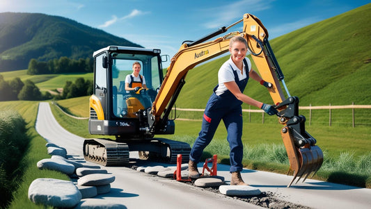 Operator using a Modern Excavator to build a road with stones in a scenic landscape