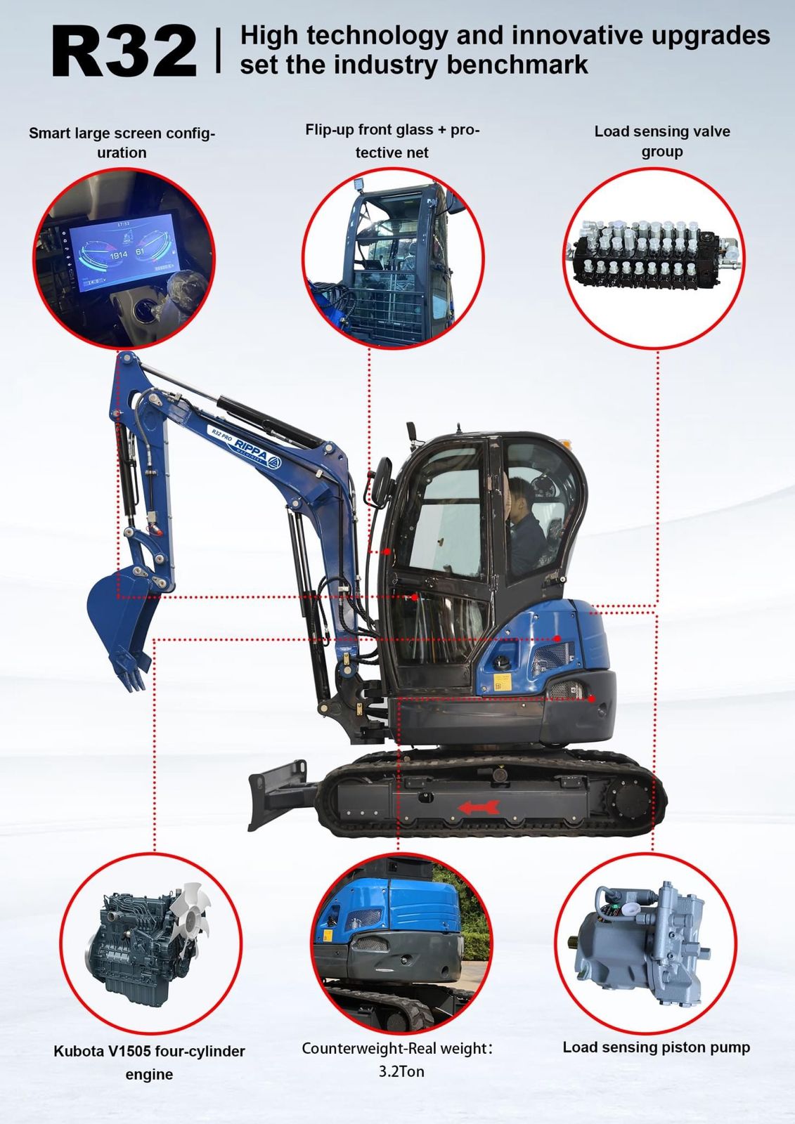 R32 Mini Excavator with Kubota Engine and Hydraulic Quick Hitch