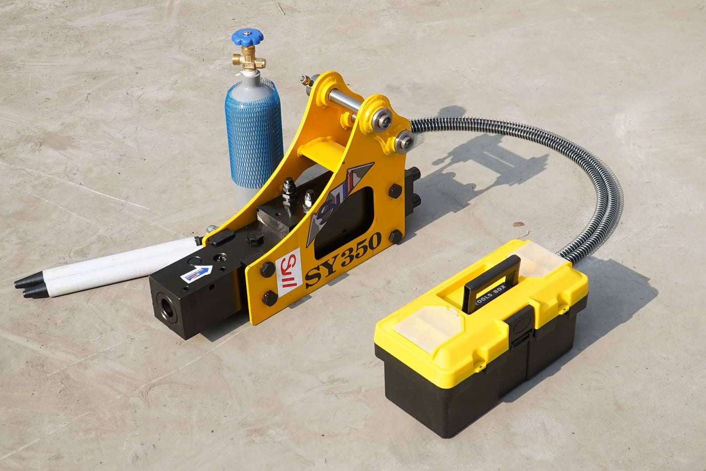 Rippa Australia SY350 Excavator Attachment Breaker with Hydraulic Hose and Toolbox for Demolition Tasks