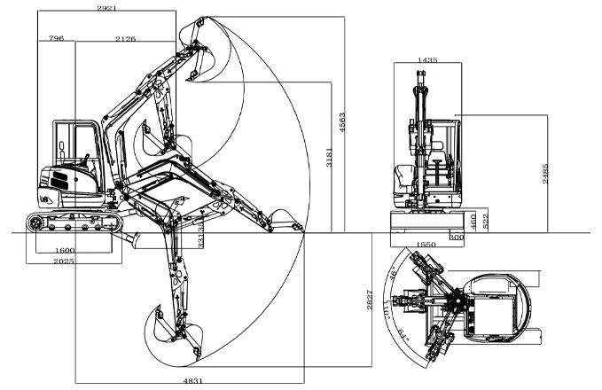 Labadi Engineering Mini Excavator technical drawing with detailed dimensions and features