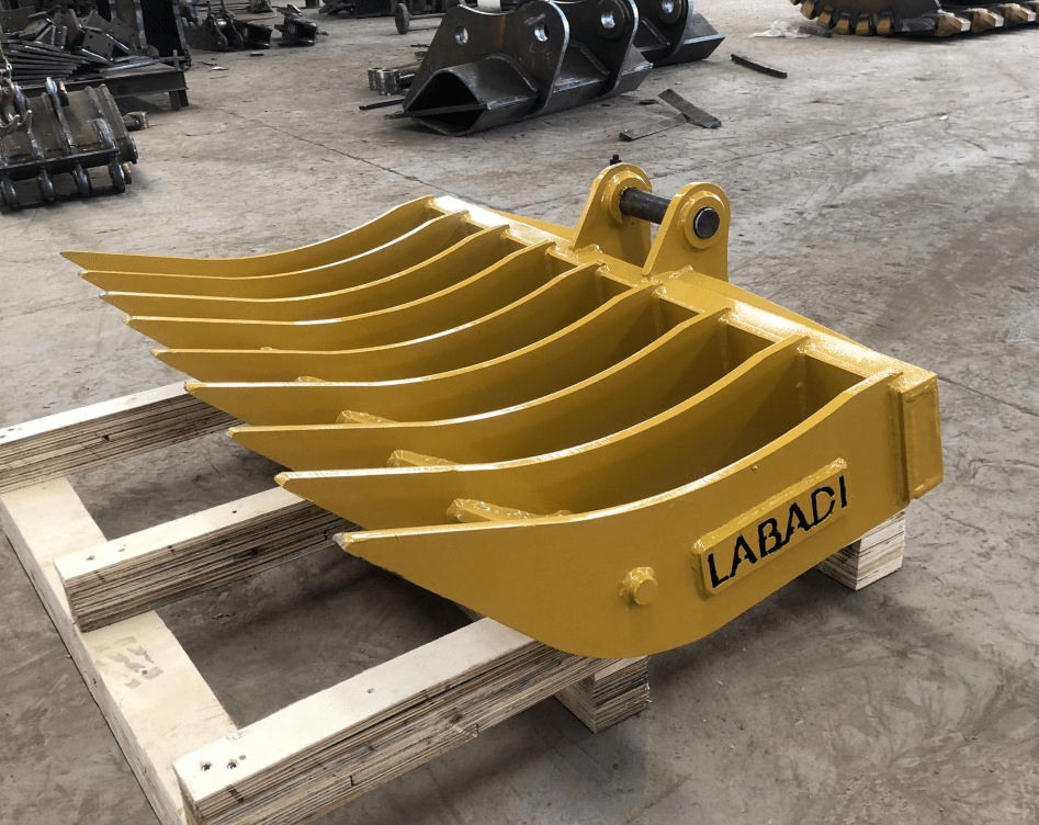 Labadi Engineering Excavator Stick Rake Attachment in Yellow for Heavy-Duty Land Clearing