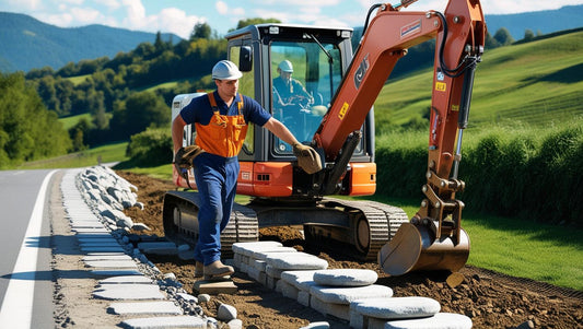Worker using construction equipment and attachments to lay stones along a roadside under a clear blue sky