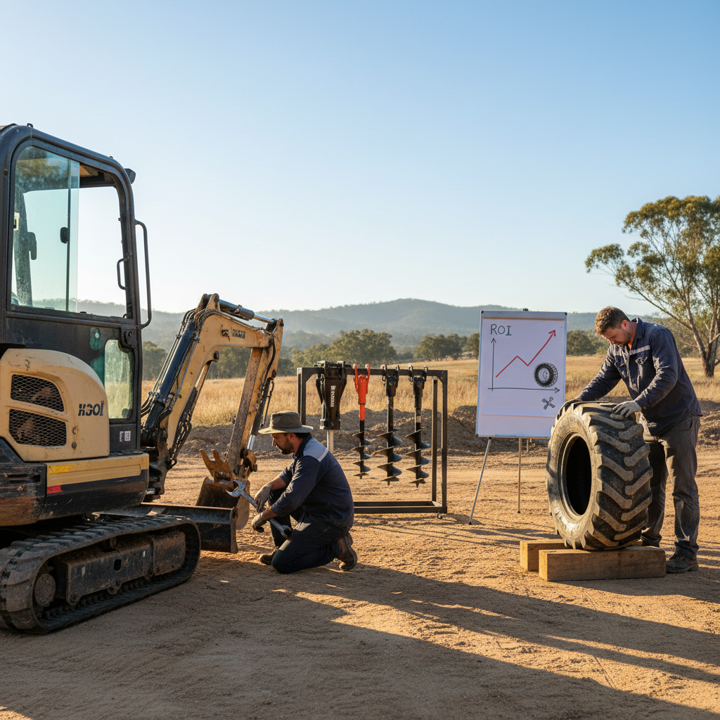 Australian Site Productivity: Mini Excavator Mechanics, Tyre Care & Attachment ROI