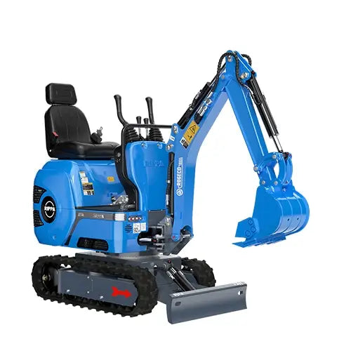 Labadi Engineering Mini Excavator in blue with rubber tracks and an adjustable seat for precise digging