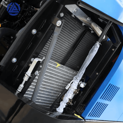 Detailed engine compartment of a Labadi Engineering Mini Excavator showing cooling system components