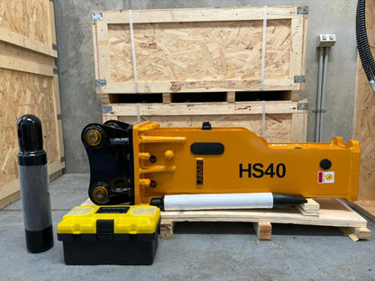 Labadi Engineering HS40 Excavator Attachment with Silenced Jack Hammer and toolbox in a workshop setting