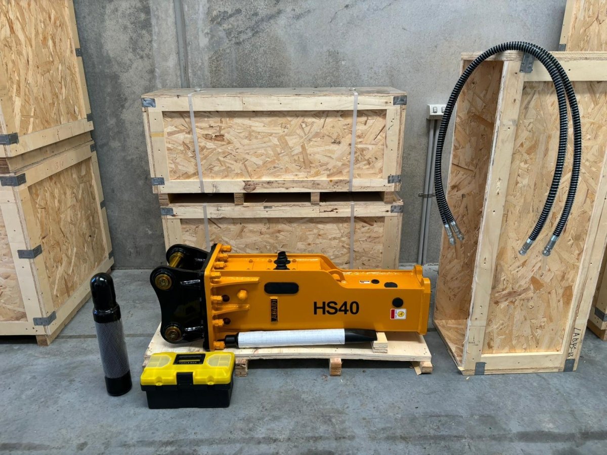 Labadi Engineering Silenced Jack Hammer Excavator Attachment with hoses and tools on a wooden pallet